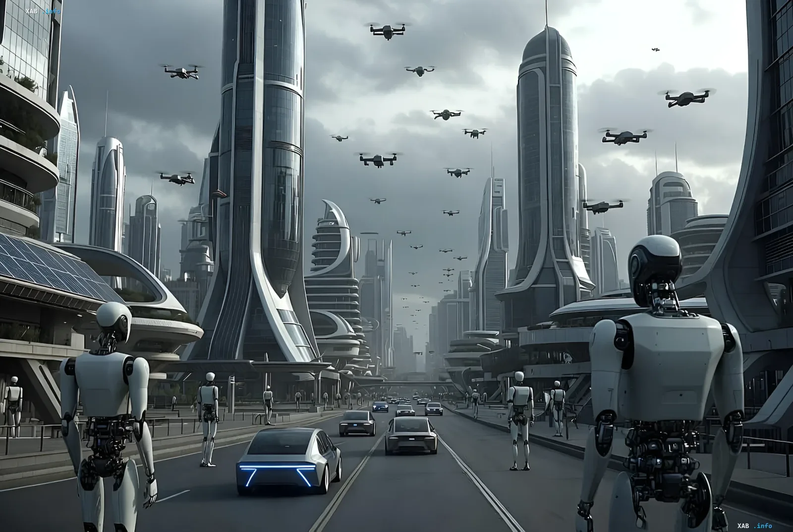 Roboter und Drohnen in einer futuristischen Stadt: eine Illustration der neuen KI-Realität, über die Masayoshi Son spricht